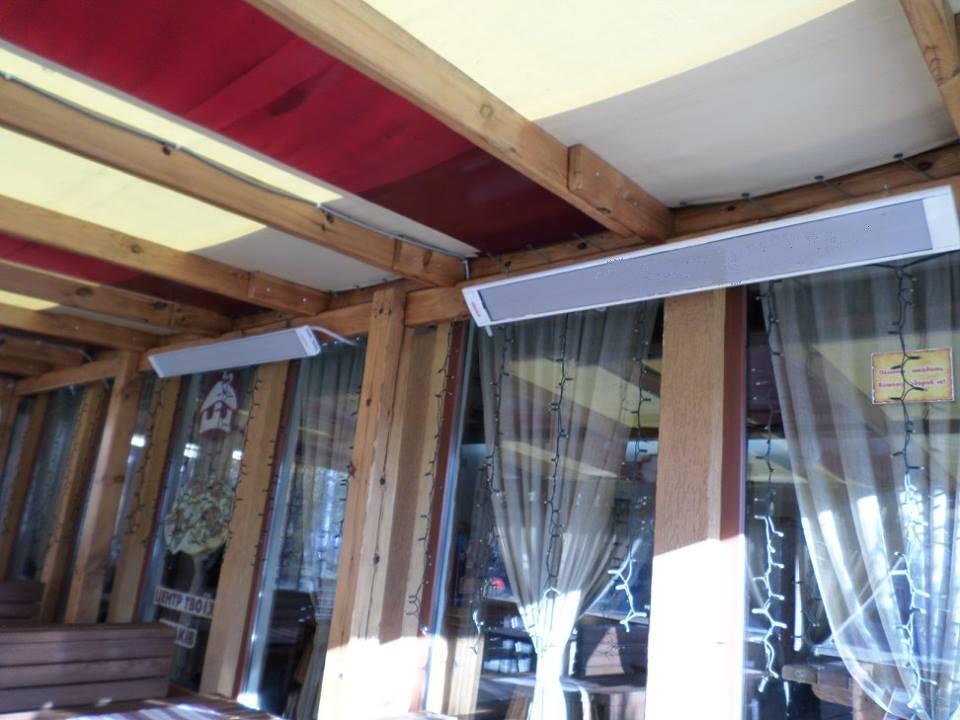 White Teplov heaters on the summer terrace of the Shkvarochka restaurant White Teplov heaters on the summer terrace of the Shkvarochka restaurant
